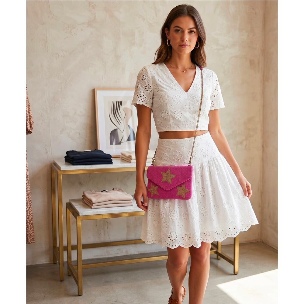 Hot Pink Beaded Star Clutch Crossbody Gold Chain Festival Boho Statement Bag
